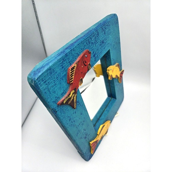 Vintage Hand Carved Painted Wood Mirror Folk Art Fish Rustic Turquoise 10"X12" - Picture 6 of 9